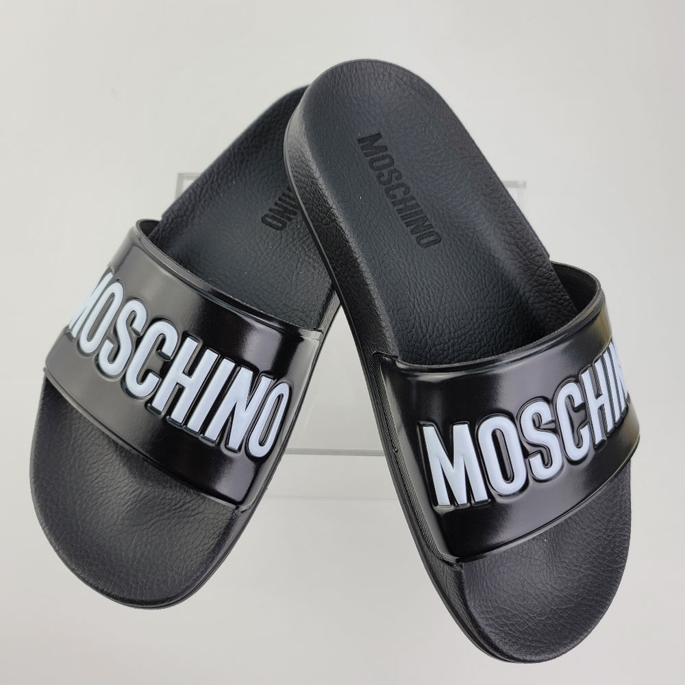 Moschino Pool Slides Black White  White Embossed White Logo US 5.5M EU 36